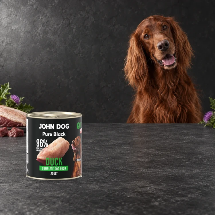 Puszka karmy mokrej John Dog Kaczka Pure Black 800 g obok psa