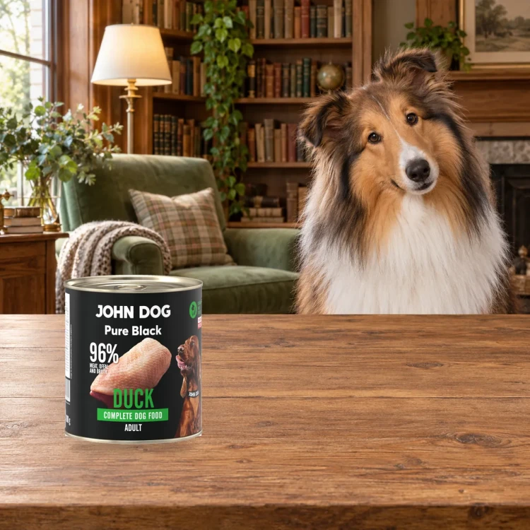 Puszka karmy mokrej John Dog Kaczka Pure Black 800 g obok psa w domu