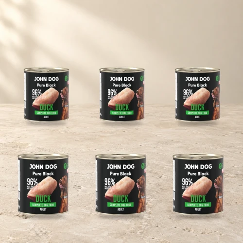 Zestaw 6 puszek karmy mokrej John Dog Kaczka Pure Black po 800 g na jasnym tle