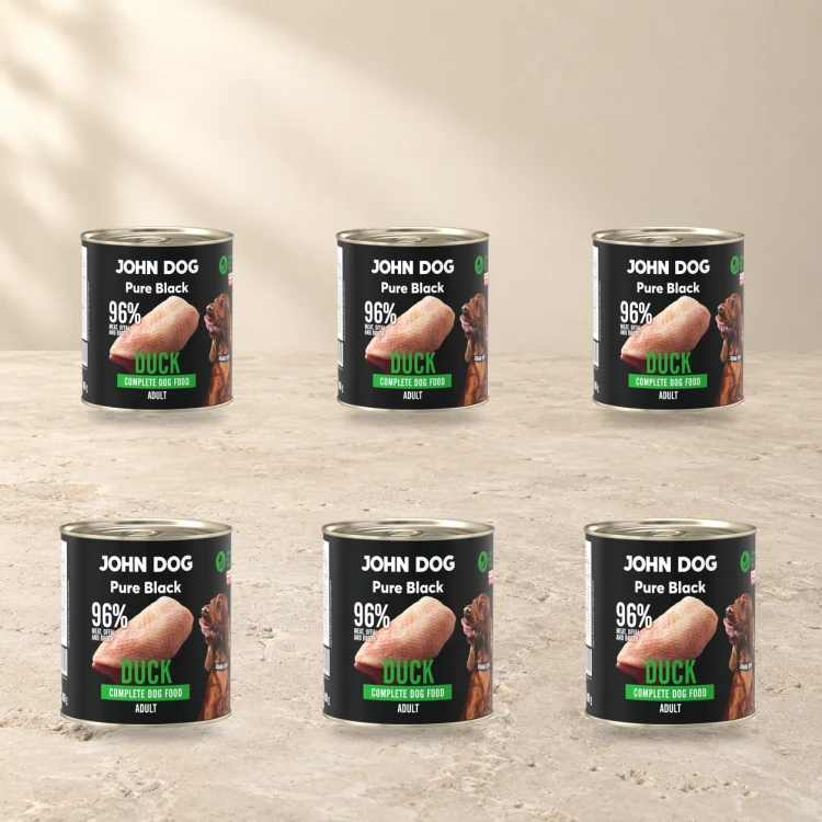 Zestaw 6 puszek karmy mokrej John Dog Kaczka Pure Black po 800 g na jasnym tle