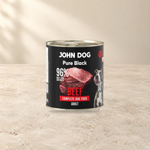 Puszka karmy mokrej John Dog Wołowina Pure Black 800 g na jasnym tle