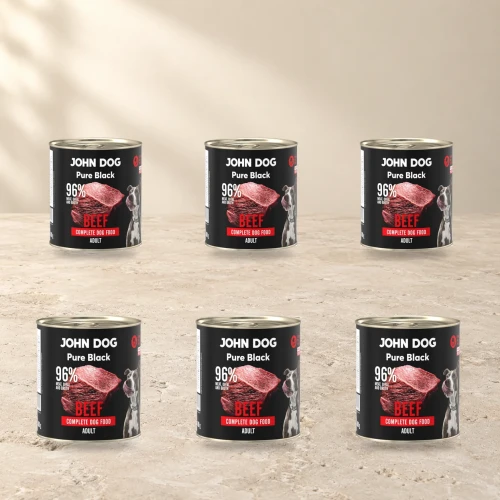 Zestaw 6 puszek karmy mokrej John Dog Wołowina Pure Black po 800 g na jasnym tle