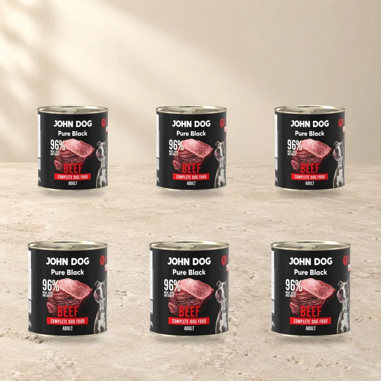 Zestaw 6 puszek karmy mokrej John Dog Wołowina Pure Black po 800 g na jasnym tle