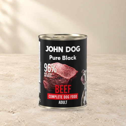 Puszka karmy mokrej John Dog Wołowina Pure Black 400 g na jasnym tle