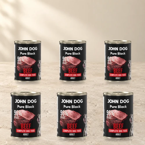 Zestaw 6 puszek karmy mokrej John Dog Wołowina Pure Black po 400 g na jasnym tle