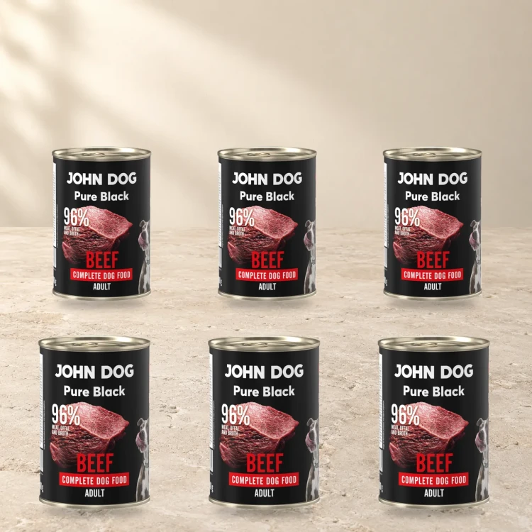 Zestaw 6 puszek karmy mokrej John Dog Wołowina Pure Black po 400 g na jasnym tle