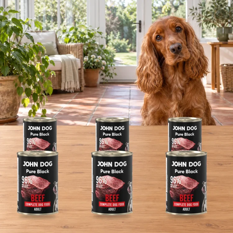 Zestaw 6 puszek karmy mokrej John Dog Wołowina Pure Black po 400 g obok psa w domu