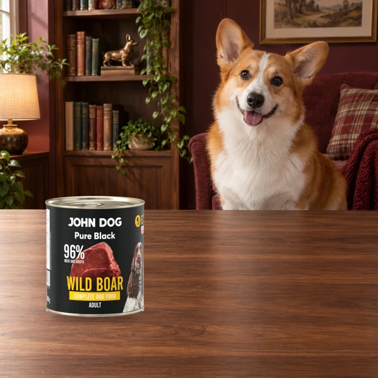 Puszka karmy mokrej John Dog Dzik Pure Black 800 g obok psa w domu