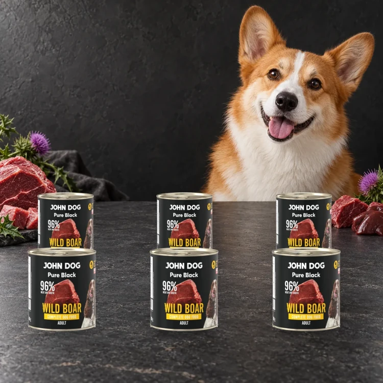 Zestaw 6 puszek karmy mokrej John Dog Dzik Pure Black po 800 g obok psa