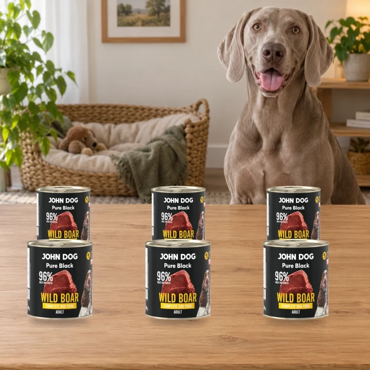 Zestaw 6 puszek karmy mokrej John Dog Dzik Pure Black po 800 g obok psa w domu