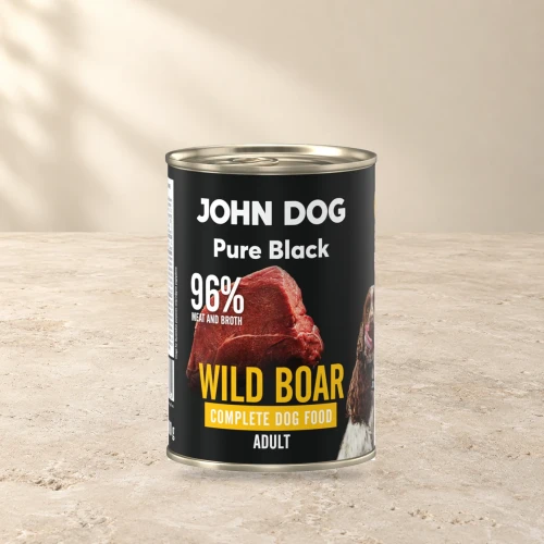 Puszka karmy mokrej John Dog Dzik Pure Black 400 g na jasnym tle