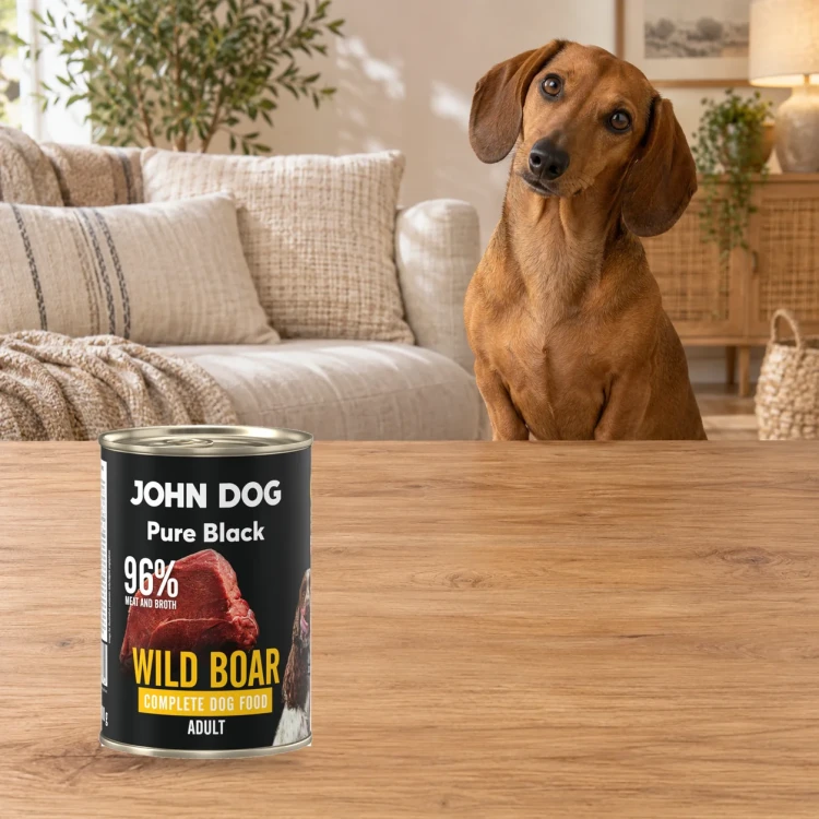 Puszka karmy mokrej John Dog Dzik Pure Black 400 g obok psa w domu