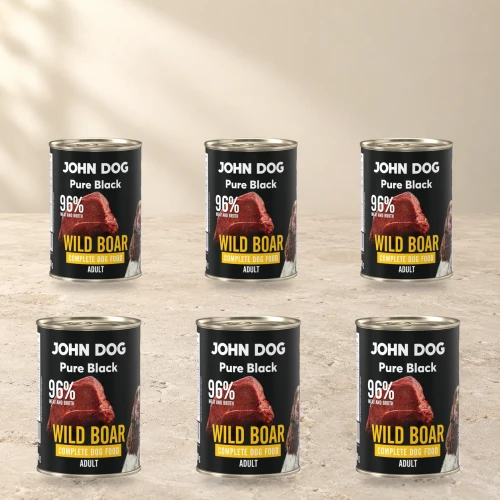 Zestaw 6 puszek karmy mokrej John Dog Dzik Pure Black po 400 g na jasnym tle