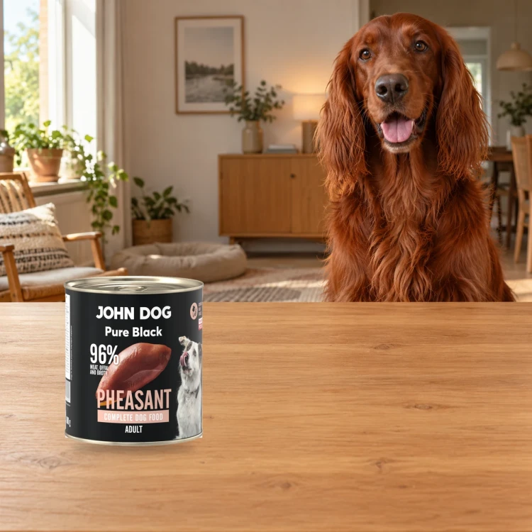 Puszka karmy mokrej John Dog Bażant Pure Black 800 g obok psa w domu