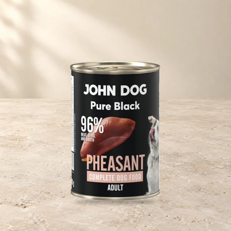 Puszka karmy mokrej John Dog Bażant Pure Black 400 g na jasnym tle