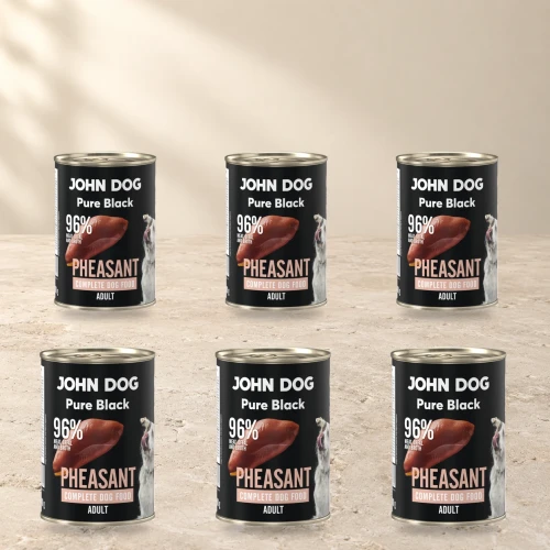 Zestaw 6 puszek karmy mokrej John Dog Bażant Pure Black po 400 g na jasnym tle