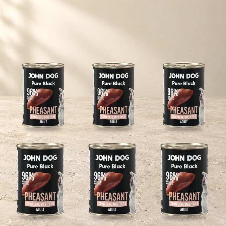 Zestaw 6 puszek karmy mokrej John Dog Bażant Pure Black po 400 g na jasnym tle