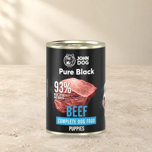Puszka karmy mokrej John Dog Wołowina Pure Black Junior 400 g na jasnym tle