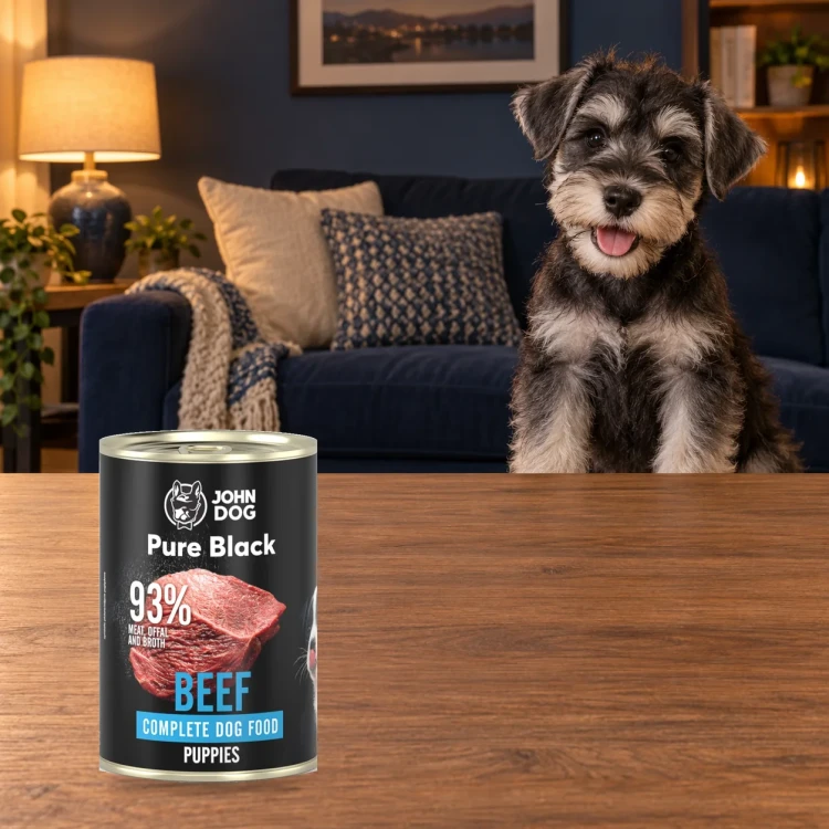 Puszka karmy mokrej John Dog Wołowina Pure Black Junior 400 g obok szczeniaka w domu