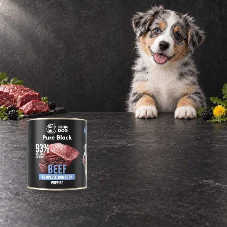 Puszka karmy mokrej John Dog Wołowina Pure Black Junior 800 g obok szczeniaka