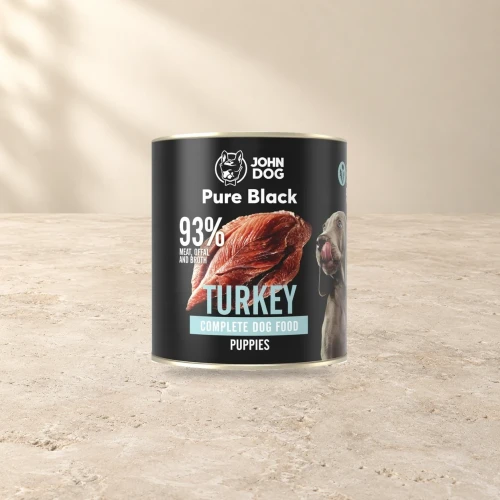 Puszka karmy mokrej John Dog Indyk Pure Black Junior 800 g na jasnym tle