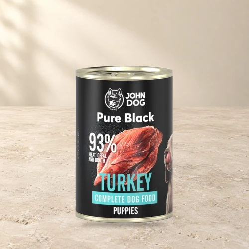 Puszka karmy mokrej John Dog Indyk Pure Black Junior 400 g na jasnym tle