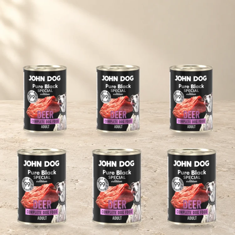 Zestaw 6 puszek karmy mokrej John Dog Jeleń Special Edition po 400 g na jasnym tle