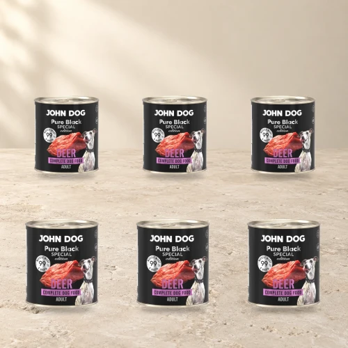 Zestaw 6 puszek karmy mokrej John Dog Jeleń Special Edition po 800 g na jasnym tle