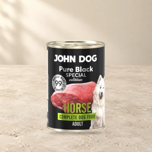 Puszka karmy mokrej John Dog Konina Special Edition 400 g na jasnym tle