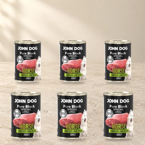 Zestaw 6 puszek karmy mokrej John Dog Konina Special Edition po 400 g na jasnym tle