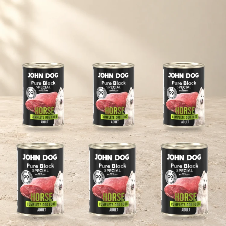 Zestaw 6 puszek karmy mokrej John Dog Konina Special Edition po 400 g na jasnym tle