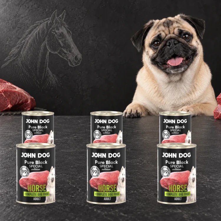 Zestaw 6 puszek karmy mokrej John Dog Konina Special Edition po 400 g obok psa