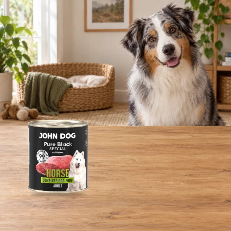 Puszka karmy mokrej John Dog Konina Special Edition 800 g obok psa w domu