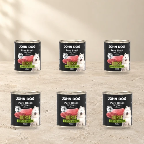 Zestaw 6 puszek karmy mokrej John Dog Konina Special Edition po 800 g na jasnym tle