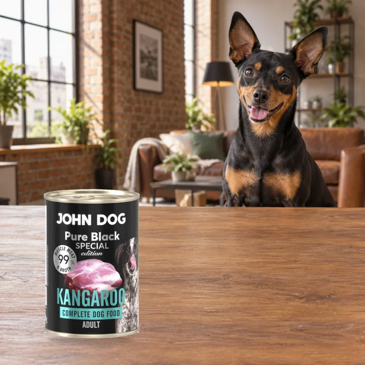 Puszka karmy mokrej John Dog Kangur Special Edition 400 g obok psa w domu