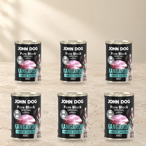 Zestaw 6 puszek karmy mokrej John Dog Kangur Special Edition po 400 g na jasnym tle