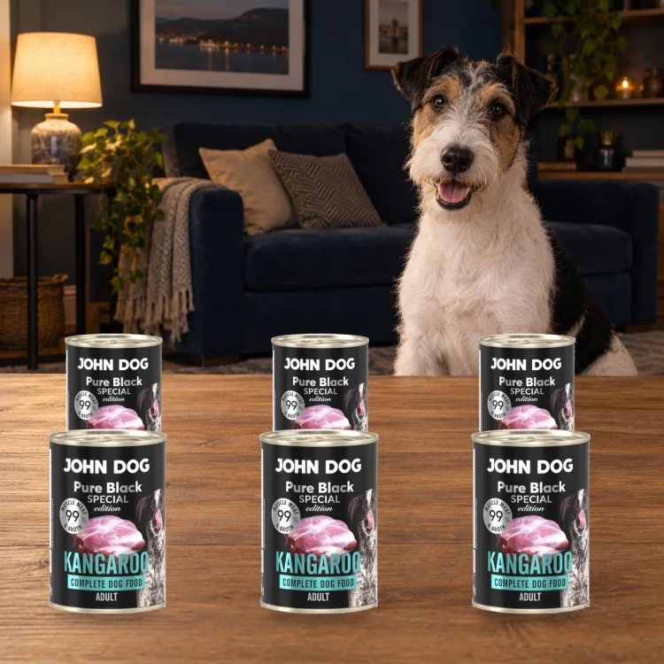 Zestaw 6 puszek karmy mokrej John Dog Kangur Special Edition po 400 g obok psa w domu
