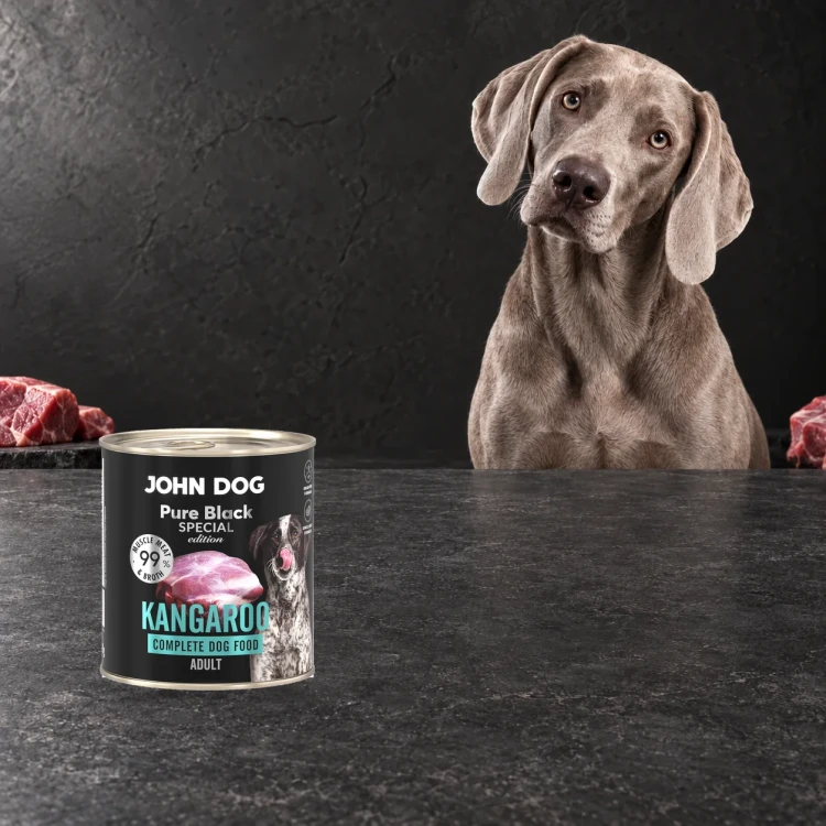 Puszka karmy mokrej John Dog Kangur Special Edition 800 g obok psa