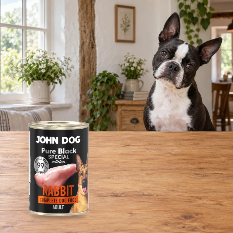 Puszka karmy mokrej John Dog Królik Special Edition 400 g obok psa w domu