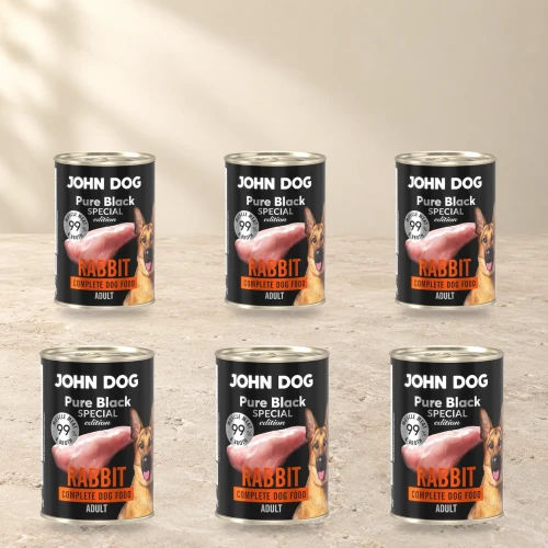 Zestaw 6 puszek karmy mokrej John Dog Królik Special Edition po 400 g na jasnym tle