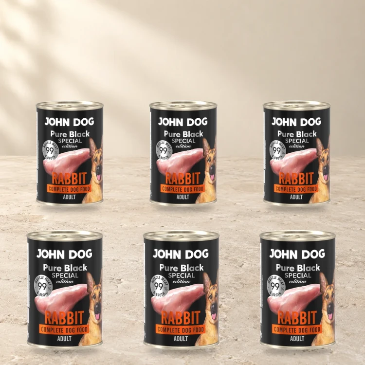 Zestaw 6 puszek karmy mokrej John Dog Królik Special Edition po 400 g na jasnym tle