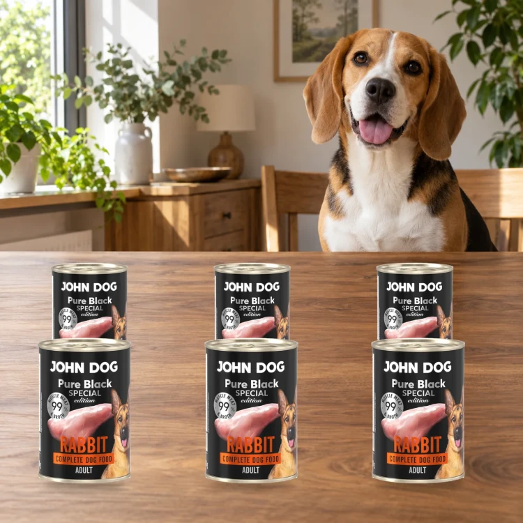 Zestaw 6 puszek karmy mokrej John Dog Królik Special Edition po 400 g obok psa w domu