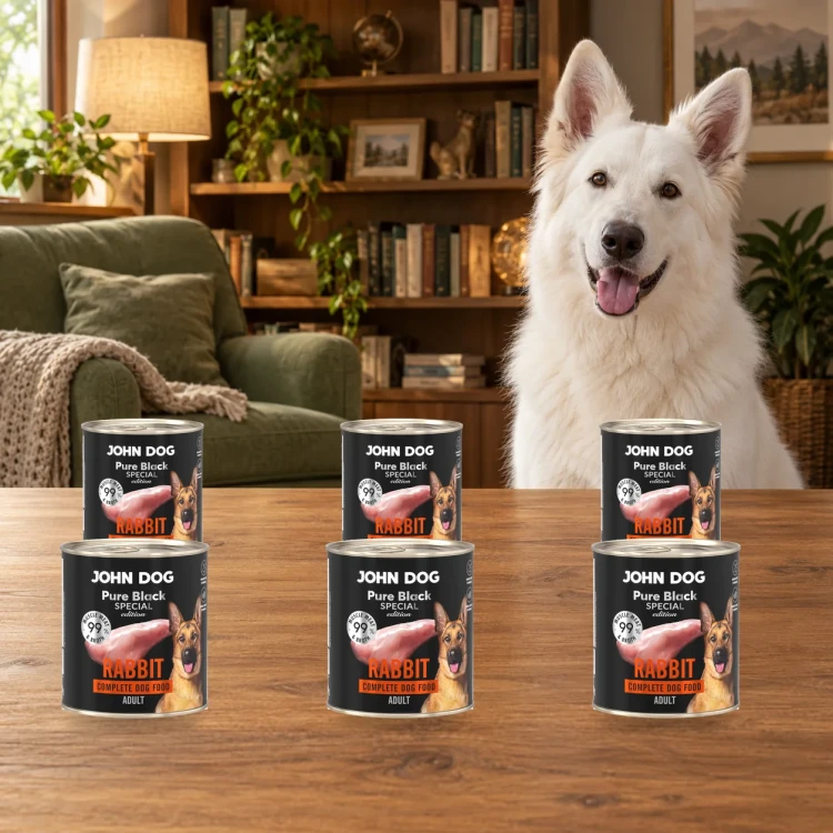 Zestaw 6 puszek karmy mokrej John Dog Królik Special Edition po 800 g obok psa w domu