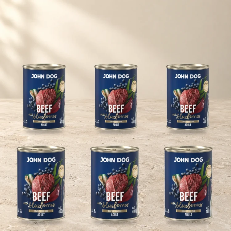 Zestaw 6 puszek karmy mokrej John Dog Wołowina z borówkami Berry Line po 400 g na jasnym tle
