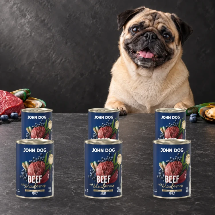 Zestaw 6 puszek karmy mokrej John Dog Wołowina z borówkami Berry Line po 400 g obok psa