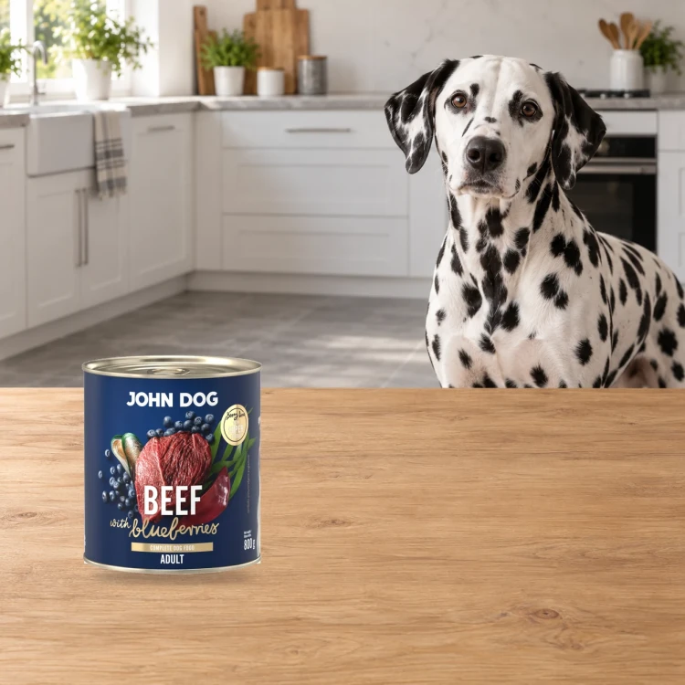 Puszka karmy mokrej John Dog Wołowina z borówkami Berry Line 800 g obok psa w domu