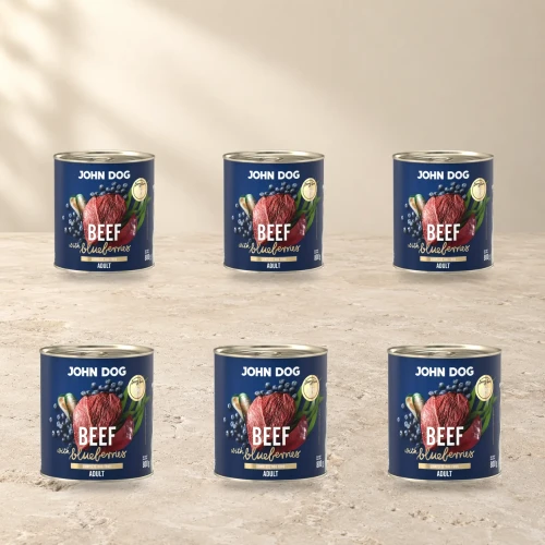 Zestaw 6 puszek karmy mokrej John Dog Wołowina z borówkami Berry Line po 800 g na jasnym tle