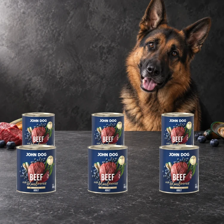 Zestaw 6 puszek karmy mokrej John Dog Wołowina z borówkami Berry Line po 800 g obok psa
