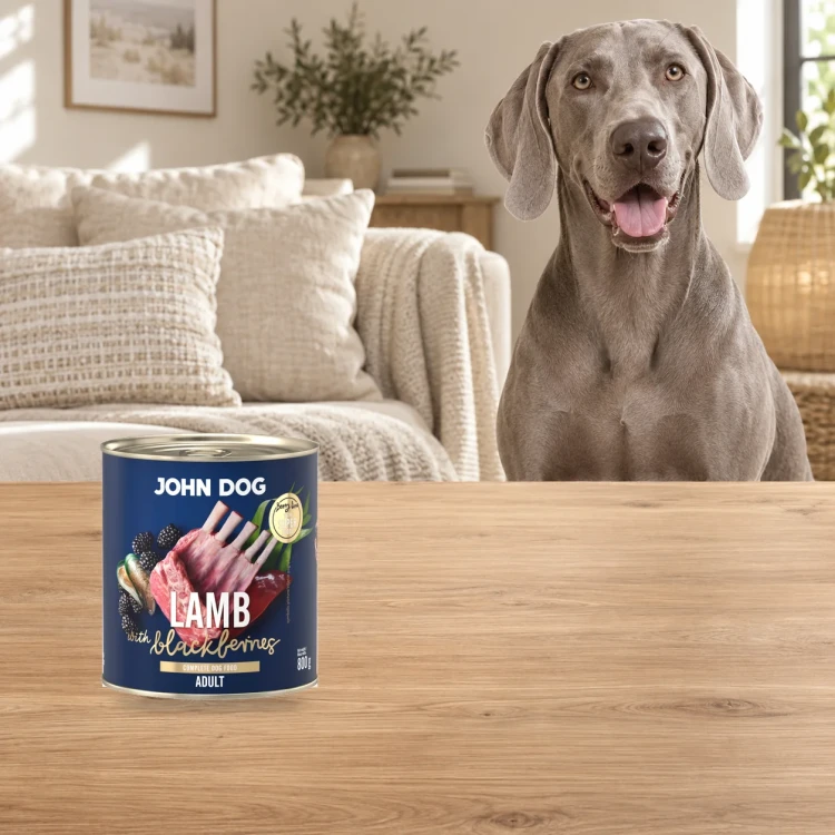Puszka karmy mokrej John Dog Jagnięcina z jeżynami Berry Line 800 g obok psa w domu