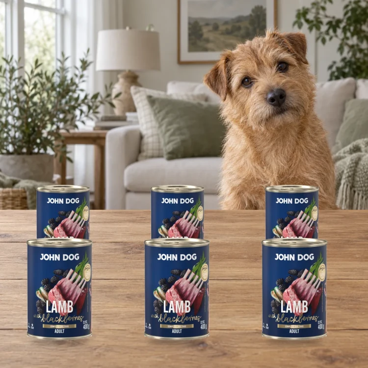Zestaw 6 puszek karmy mokrej John Dog Jagnięcina z jeżynami Berry Line po 400 g obok psa w domu